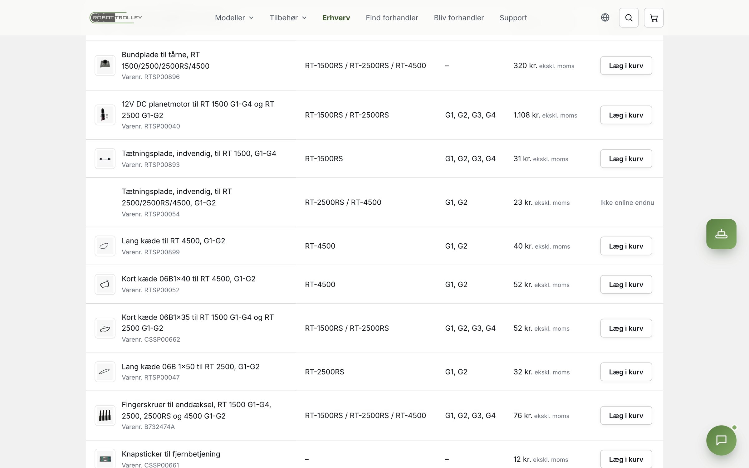 Robot Trolley: reservedelskataloget med varenumre og priser fra Shopify